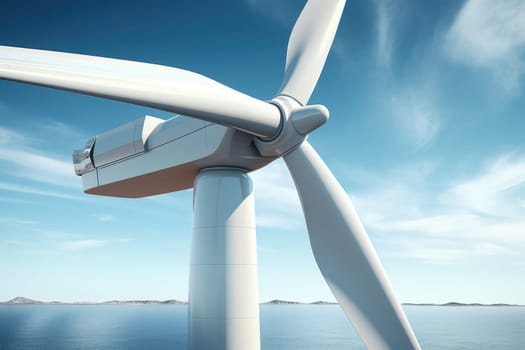 A close-up photo of an eco-friendly wind turbine spinning against a clear blue sky, generating renewable power and promoting sustainability. The blades showcase the beauty of clean energy.