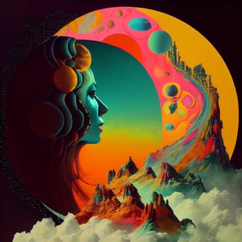 60s Album Covers mystical. Sci-fi science academia, nostalgic paintings, precisionist, ethereal cloudscapes, realistic depictions.Ai generative.