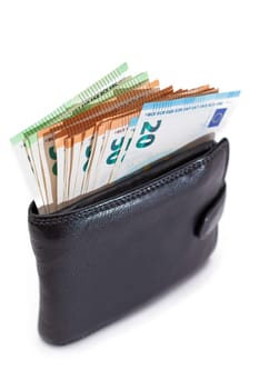 Black Leather Men Wallet with Euro Banknotes Inside - Isolated on White Background. A Purse Full of Money Symbolizing Wealth, Success and Social Status - Isolation
