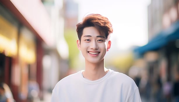 Cheerful handsome Asian male college student in casual clothes on bright day. Happy cheerful guy having fun Gen Z teenagers portrait