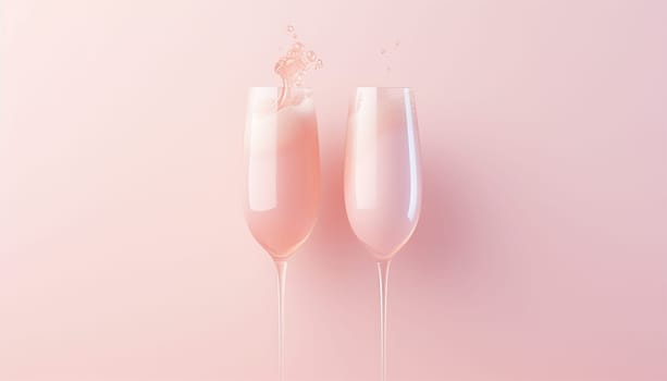 Two pink champagne glasses on a two tone pastel background. Celebration minimal concept copy space. Golden festive background. minimalism,romantic style Space for text