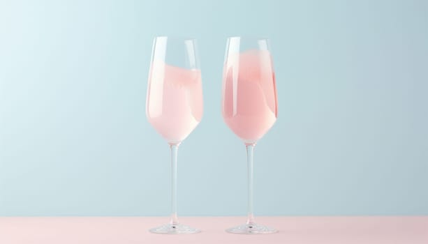 Two pink champagne glasses on a two tone pastel background. Celebration minimal concept copy space. Golden festive background. minimalism,romantic style Space for text