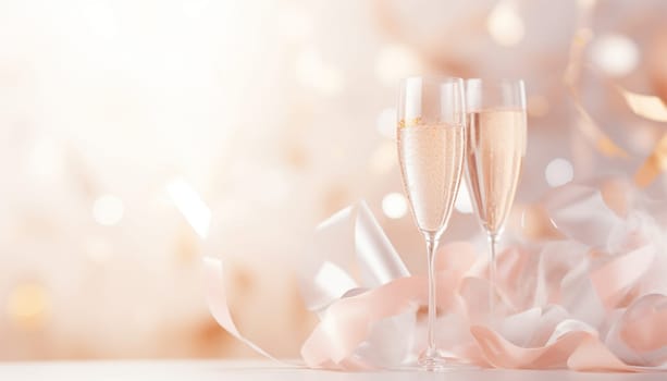 Two pink champagne glasses on a two tone pastel background. Celebration minimal concept copy space. Golden festive background. minimalism,romantic style Space for text