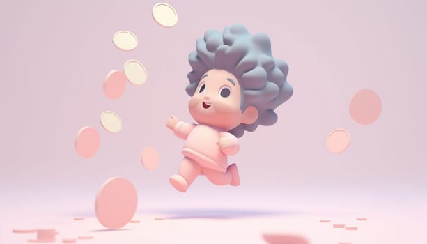 Boy jumping with money coins 3D animation. Busy kids entrepreneurs work with money illustration. Cartoon cute boy happy with coins, pastel colored pink background. Concept saving,earning money copy space