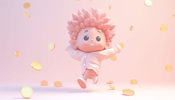 Boy jumping with money coins 3D animation. Busy kids entrepreneurs work with money illustration. Cartoon cute boy happy with coins, pastel colored pink background. Concept saving,earning money copy space