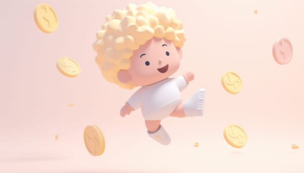 Boy jumping with money coins 3D animation. Busy kids entrepreneurs work with money illustration. Cartoon cute boy happy with coins, pastel colored pink background. Concept saving,earning money copy space