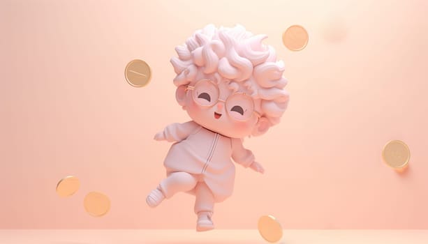 Boy jumping with money coins 3D animation. Busy kids entrepreneurs work with money illustration. Cartoon cute boy happy with coins, pastel colored pink background. Concept saving,earning money copy space