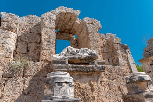 Antalya, Turkey - September 12, 2023: Ancient city of Perge in Antalya, Turkey. Historical ruins in the ancient city of Pamphylia