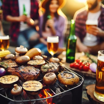 Photo of barbecue grill with tasty food meat potatoes mushrooms eggplant. On blurred background groups of friends.