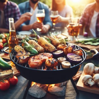 Photo of barbecue grill with tasty food meat potatoes mushrooms eggplant. On blurred background groups of friends.