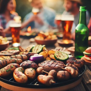 Photo of barbecue grill with tasty food meat potatoes mushrooms eggplant. On blurred background groups of friends.