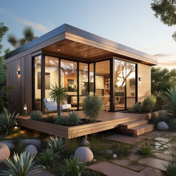 A realistic wooden modern tiny house with flat roof and big windows all around in a small size. Model of a small modern ecological house with furniture