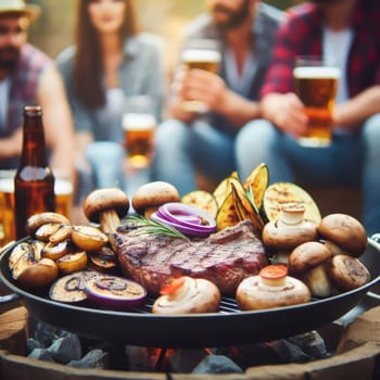 Photo of barbecue grill with tasty food meat potatoes mushrooms eggplant. On blurred background groups of friends.