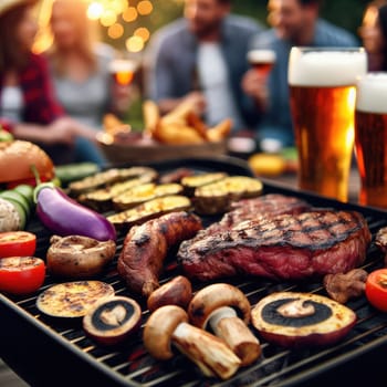 Photo of barbecue grill with tasty food meat potatoes mushrooms eggplant. On blurred background groups of friends.