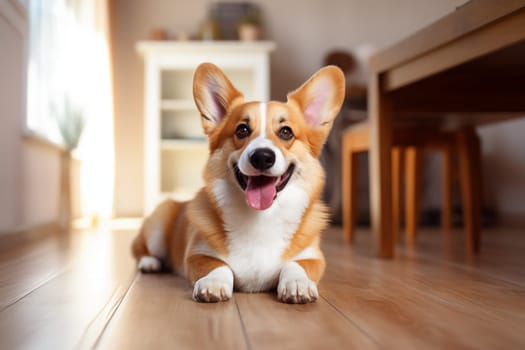 Corgi dog lies at home and smiles. Corgi dog smiling portrait pembroke welsh corgi walking outdoor in summer park.