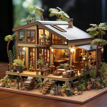 A realistic wooden modern tiny house with flat roof and big windows all around in a small size. Model of a small modern ecological house with furniture