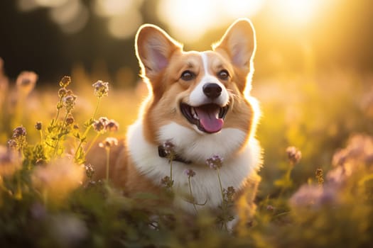 Corgi dog lies and smiles. Corgi dog smiling portrait pembroke welsh corgi walking outdoor in summer park.