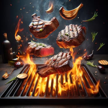 Tasty beef steaks and skewers flying above cast iron grate with fire flames. Freeze motion barbecue concept.