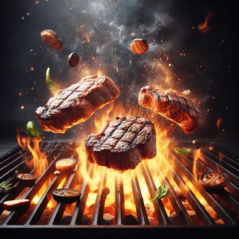 Tasty beef steaks and skewers flying above cast iron grate with fire flames. Freeze motion barbecue concept.