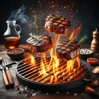 Tasty beef steaks and skewers flying above cast iron grate with fire flames. Freeze motion barbecue concept.