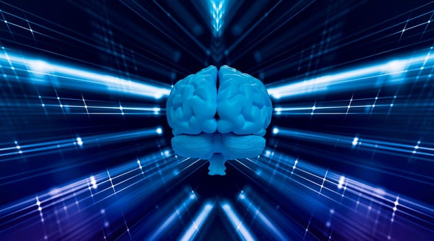 Artificial Intelligence concept. Brain shaped with blue neural connection lines and glowing dots.