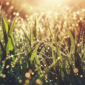 morning dew drops glistening in the sunshine of the grass.