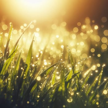 morning dew drops glistening in the sunshine of the grass.