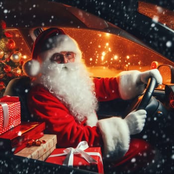 Christmas is coming. Santa Claus on car delivering New Year gifts and Christmas tree.