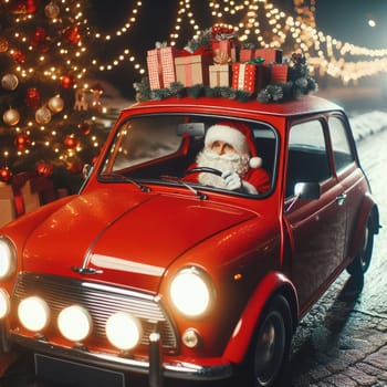 Christmas is coming. Santa Claus on car delivering New Year gifts and Christmas tree.