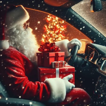 Christmas is coming. Santa Claus on car delivering New Year gifts and Christmas tree.