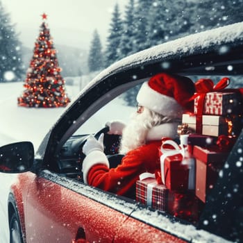 Christmas is coming. Santa Claus on car delivering New Year gifts and Christmas tree.