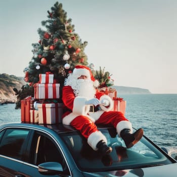 Christmas is coming. Santa Claus on car delivering New Year gifts and Christmas tree.