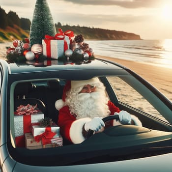 Christmas is coming. Santa Claus on car delivering New Year gifts and Christmas tree.