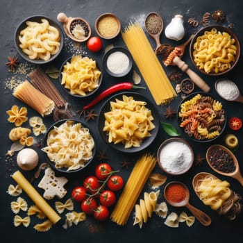 Assorted types of pasta on black background. Top view. Various forms of pasta.