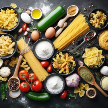 Assorted types of pasta on black background. Top view. Various forms of pasta.