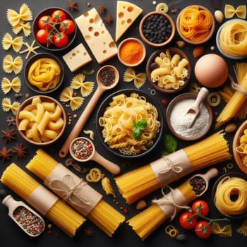 Assorted types of pasta on black background. Top view. Various forms of pasta.