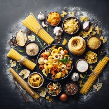 Assorted types of pasta on black background. Top view. Various forms of pasta.