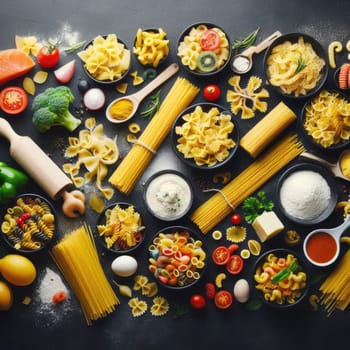 Assorted types of pasta on black background. Top view. Various forms of pasta.