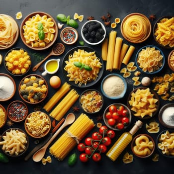 Assorted types of pasta on black background. Top view. Various forms of pasta.