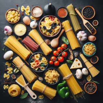 Assorted types of pasta on black background. Top view. Various forms of pasta.