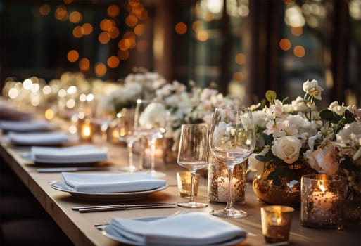 Beautiful flowers decorated on the table. Tables set for an event party or wedding reception. luxury elegant table setting dinner in a restaurant. glasses and dishes. Fancy moment fancy time. beauty