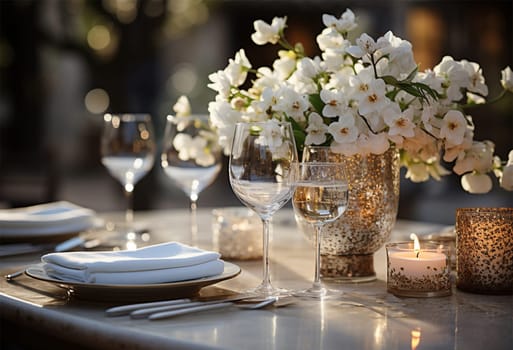 Beautiful flowers decorated on the table. Tables set for an event party or wedding reception. luxury elegant table setting dinner in a restaurant. glasses and dishes. Fancy moment fancy time. beauty