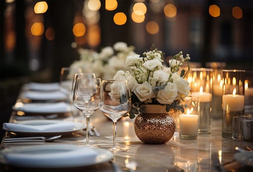 Beautiful flowers decorated on the table. Tables set for an event party or wedding reception. luxury elegant table setting dinner in a restaurant. glasses and dishes. Fancy moment fancy time. beauty