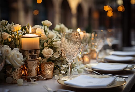 Beautiful flowers decorated on the table. Tables set for an event party or wedding reception. luxury elegant table setting dinner in a restaurant. glasses and dishes. Fancy moment fancy time. beauty