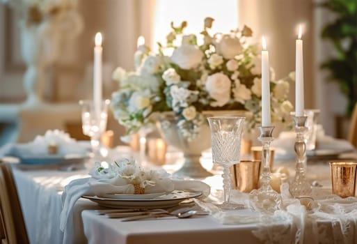 Beautiful flowers decorated on the table. Tables set for an event party or wedding reception. luxury elegant table setting dinner in a restaurant. glasses and dishes. Fancy moment fancy time. beauty