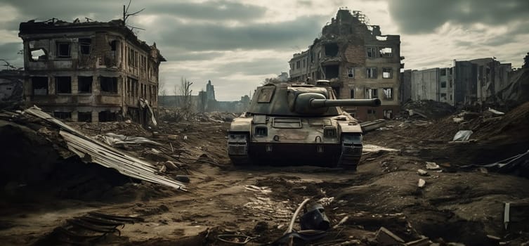 A military tank against the background of a ruined city 4k