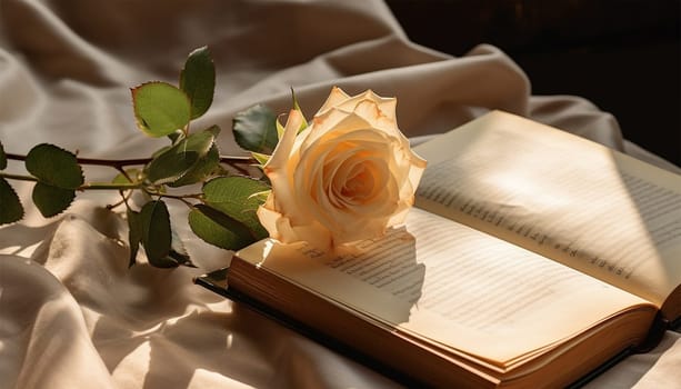 Pink champagne colored rose and vintage book on white satin. Romantic, Valentines design background copy space cute