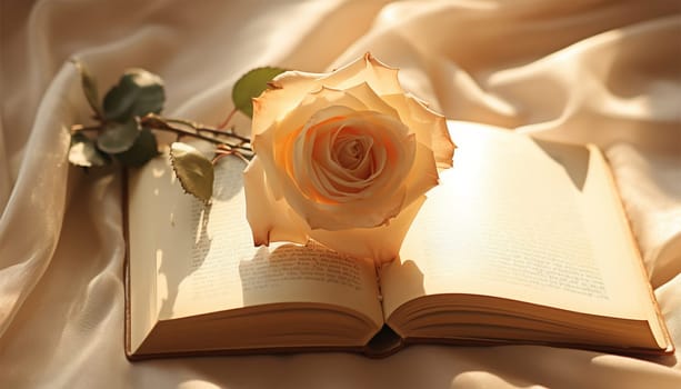 Pink champagne colored rose and vintage book on white satin. Romantic, Valentines design background copy space cute