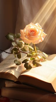 Pink champagne colored rose and vintage book on white satin. Romantic, Valentines design background copy space cute