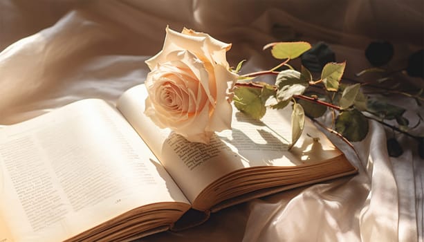 Pink champagne colored rose and vintage book on white satin. Romantic, Valentines design background copy space cute